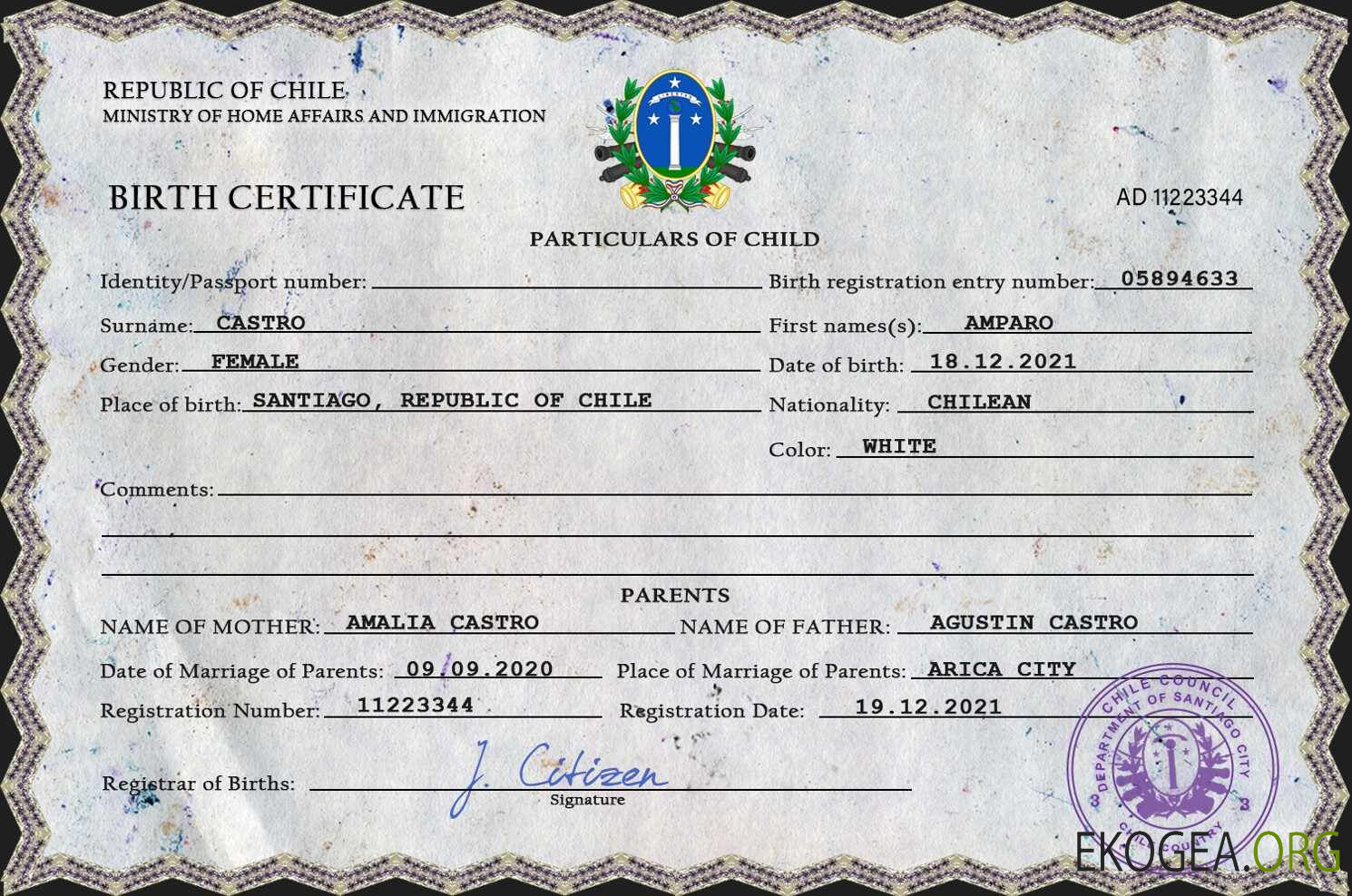 Modèle PSD de certificat de naissance de l'état civil du Chili